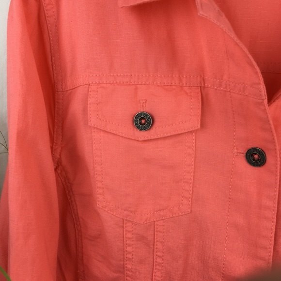 LL Bean Linen Blend Coral Orange Button Up Shirt Trucker Jacket L - Picture 6 of 8